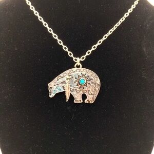 Antiqued Silver Bear Pendant with Turquoise Bead